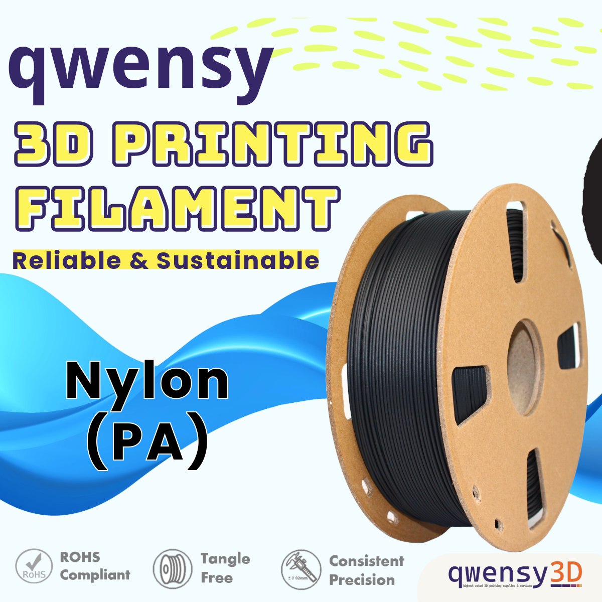 qwensy Nylon (PA) Filament for 3D Printing- Black- Superior Strength and Durability